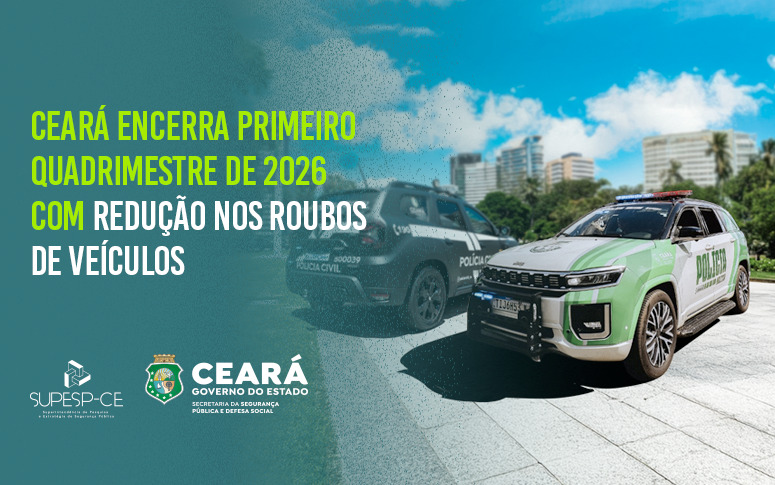 Ceará encerra primeiro quadrimestre de 2026 com redução de 59,4% nos roubos e 13,1% nos furtos de veículos em todo o estado